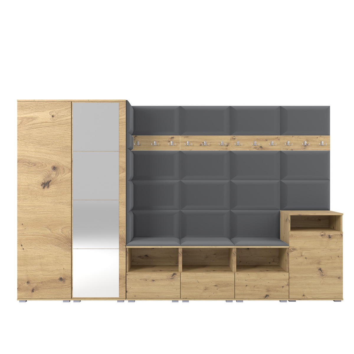 GARDEROBE NELA XII 300 cm (Modulare Flurmöbel Artisan Eiche mit Spiegel & Sitzpolster Dunkelgrau 15 Gigantisches Set) - Dunkelgrau/Silberfarben, Holz/Holzwerkstoff (300/187/40cm) - Ravio