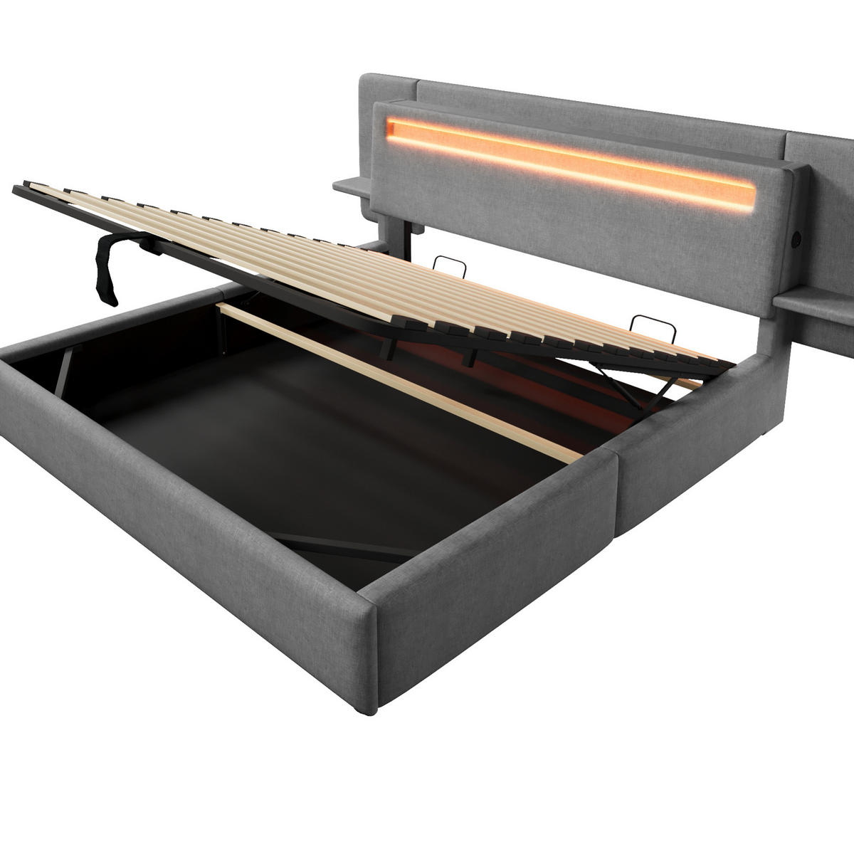 POLSTERBETT aus MDF und Leinen 180x200 cm Grau mit Bettkasten, LED-Beleuchtung, Nachttisch und USB-Anschluss - Grau, Textil (180/200cm) - Modfu