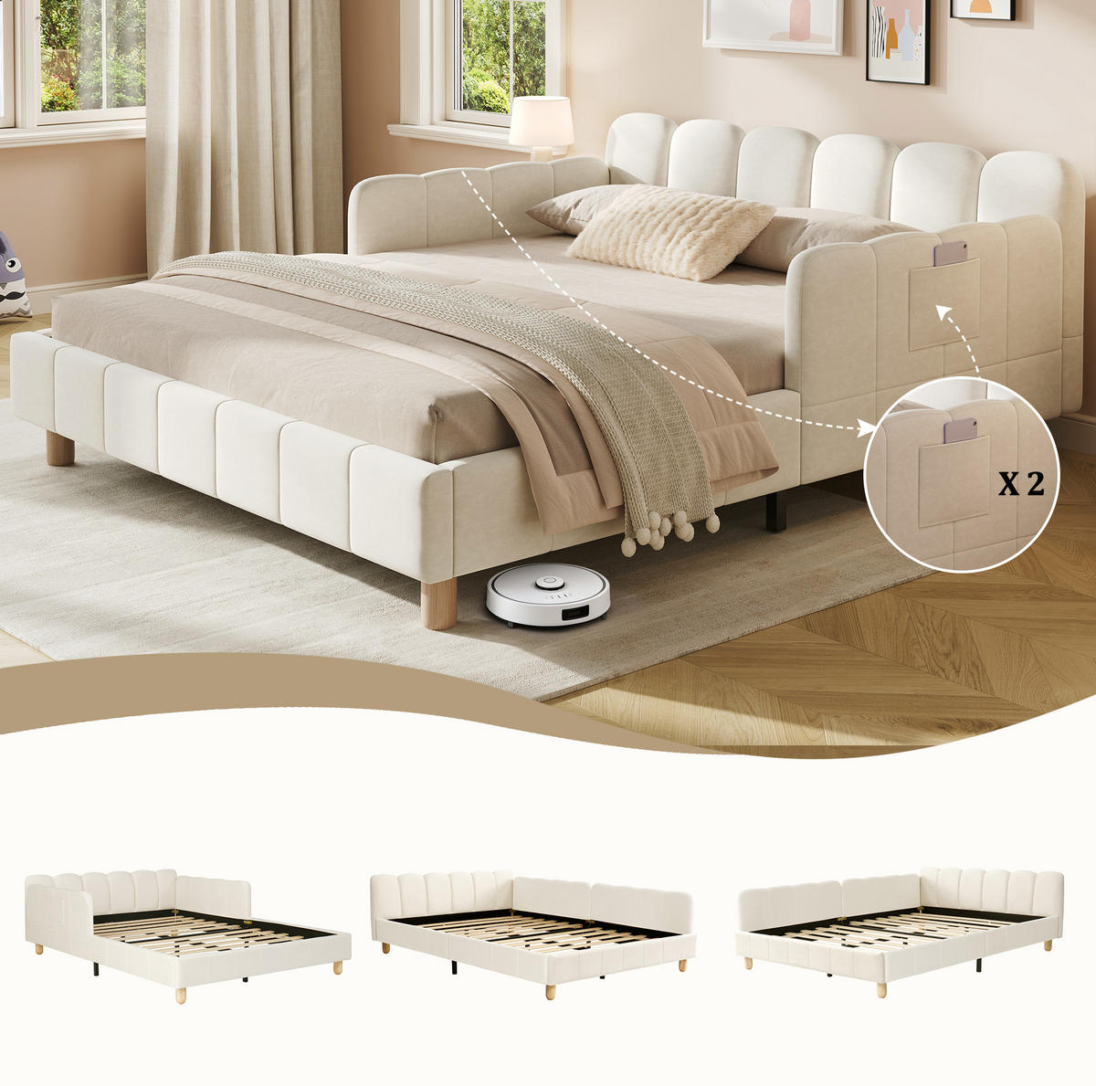 KINDERBETT 140/200 cm aus Samt mit gepolstertem Kopfteil, flexiblem Rausfallschutz und Taschen, Beige - Beige, Textil (140/200cm) - Redom