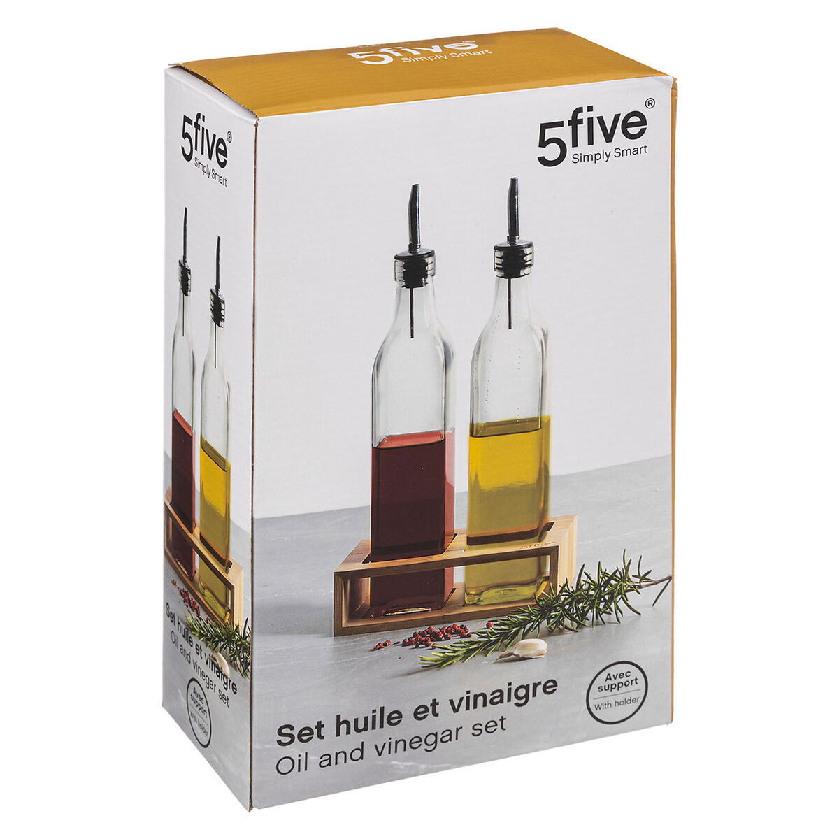 ESSIG- UND ÖLMENAGERIE mit 2 Spenderflaschen, Glas, Bambus, 480 ml - Beige, Glas (17/9.5/27.5cm) - 5five Simply Smart