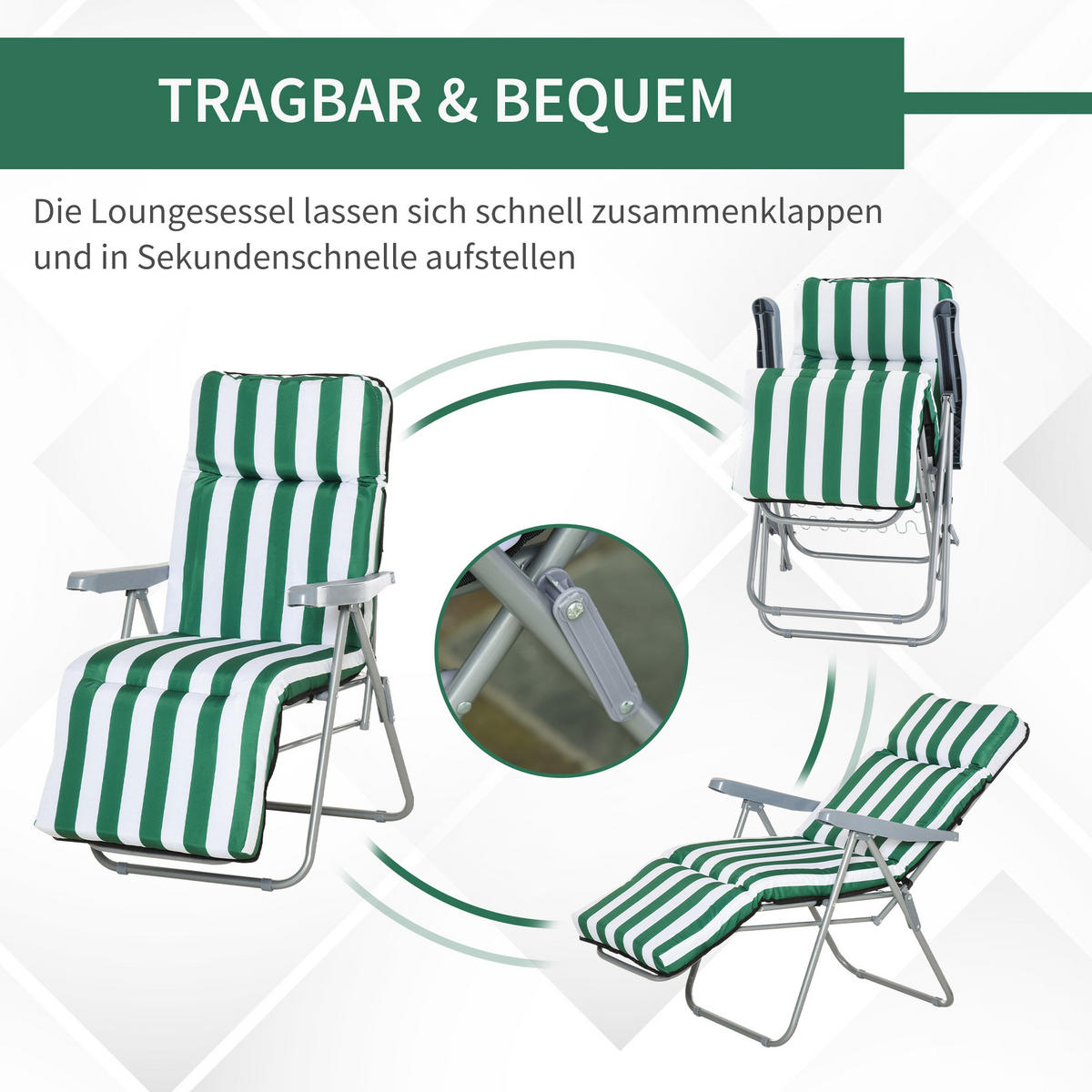 LEHÁTKO, 5 poloh, ocel, polyester, pěna, zelená - zelená barva, plast (75/102/60cm) - Outsunny