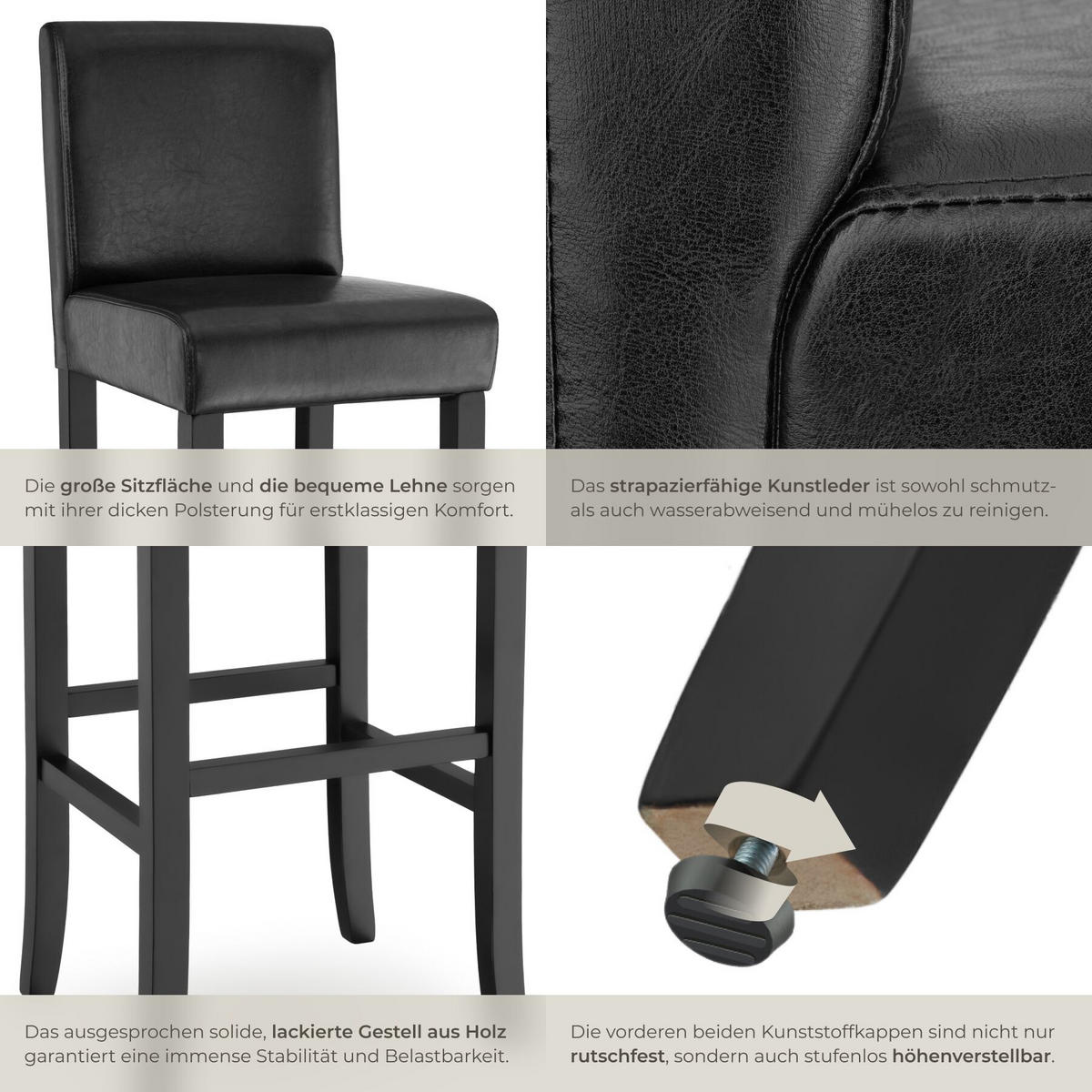 BARHOCKER 6er Set Kunstleder, Sitzhöhe 76 cm, antikbraun - Schwarz, Leder/Holz (40/107/41cm) - tectake
