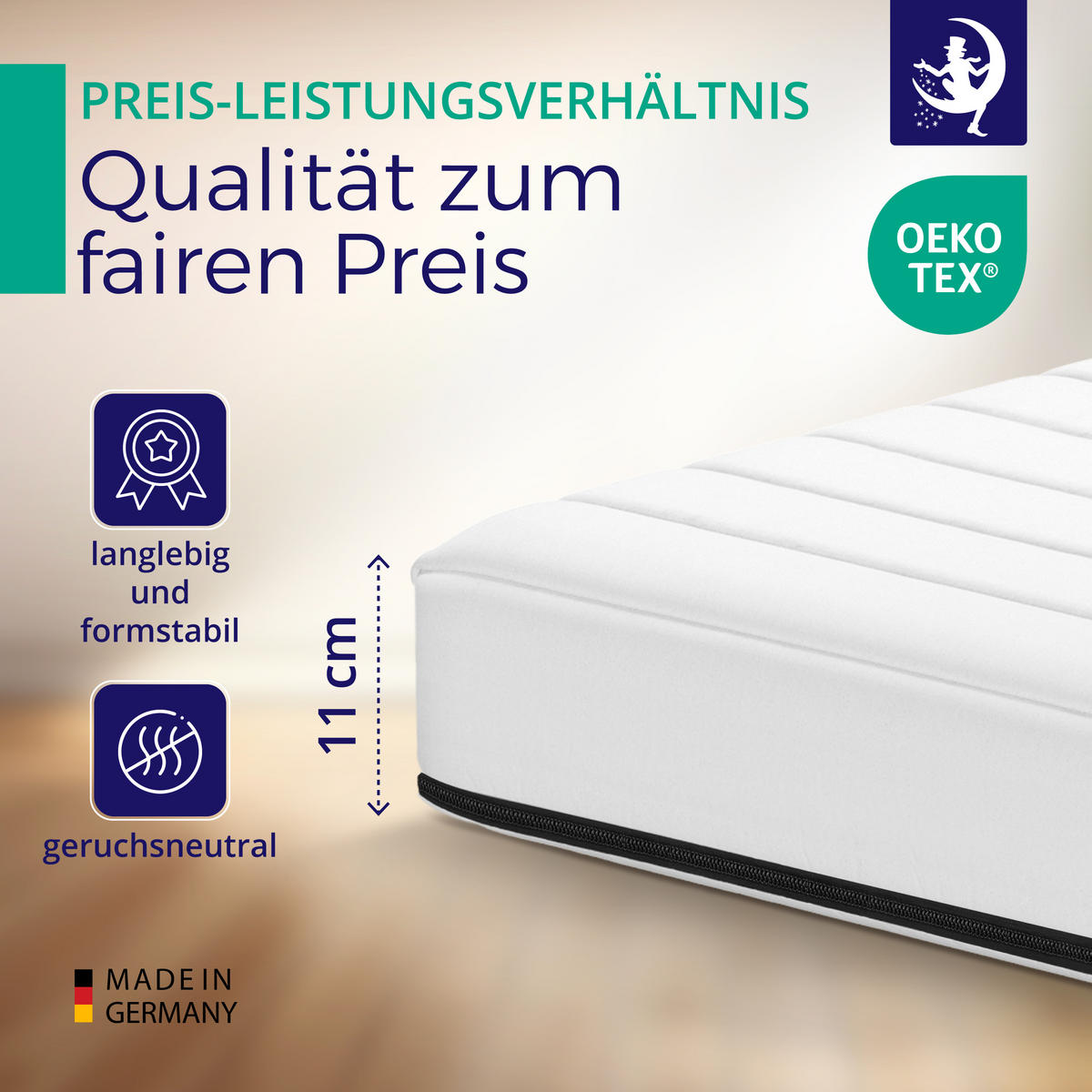 KALTSCHAUMMATRATZE 90x200 H3 - 11cm Höhe - waschbarer Bezug - Weiß, Textil (90/200cm) - Mister Sandman