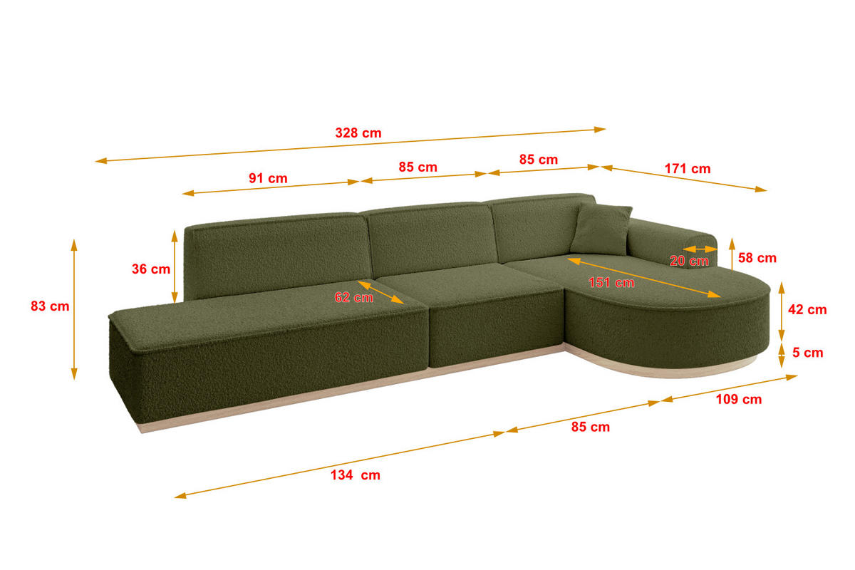 ECKSOFA Ottomane Rechts ARRIO-L2 - 328x171x83 cm Grün - Grün, Holzwerkstoff/Textil (328/171cm) - ALTDECOR