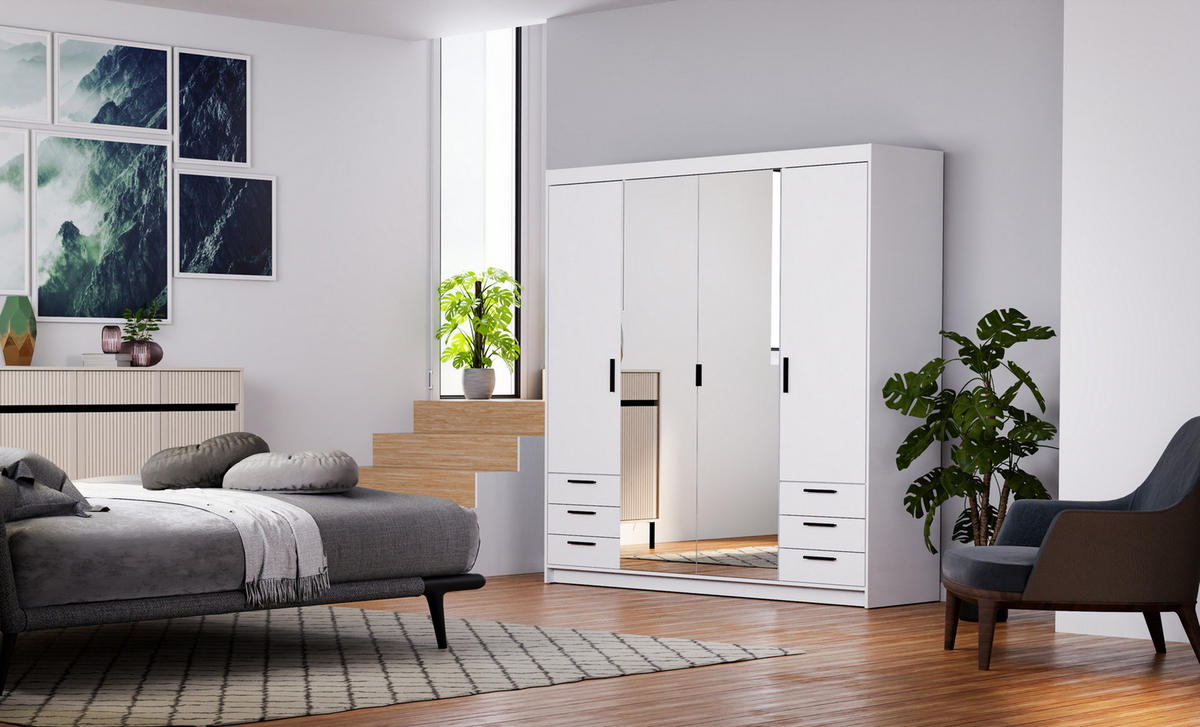 KLEIDERSCHRANK Storicos Weiß 176,3/190,5/53 cm - 4T6S Modern mit Schubladen und Spiegel - Weiß, Holzwerkstoff/Kunststoff (176.3/190.6/53cm) - AX Living
