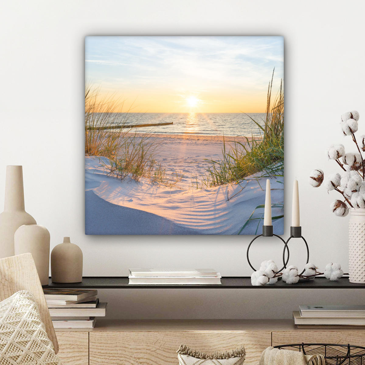 LEINWANDBILD Strand - Sonne - Düne - Gras - Sand - Horizont Wandbild Wohnzimmer 50x50 cm - Hellblau, Textil (50/50cm) - MuchoWow