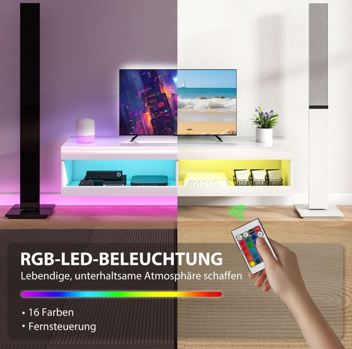 LOWBOARD 140/40/30 cm in Hochglanz-Weiß mit LED-Beleuchtung und Kabelmanagement - Weiß, Holzwerkstoff (140/30/40cm) - Flora Grace