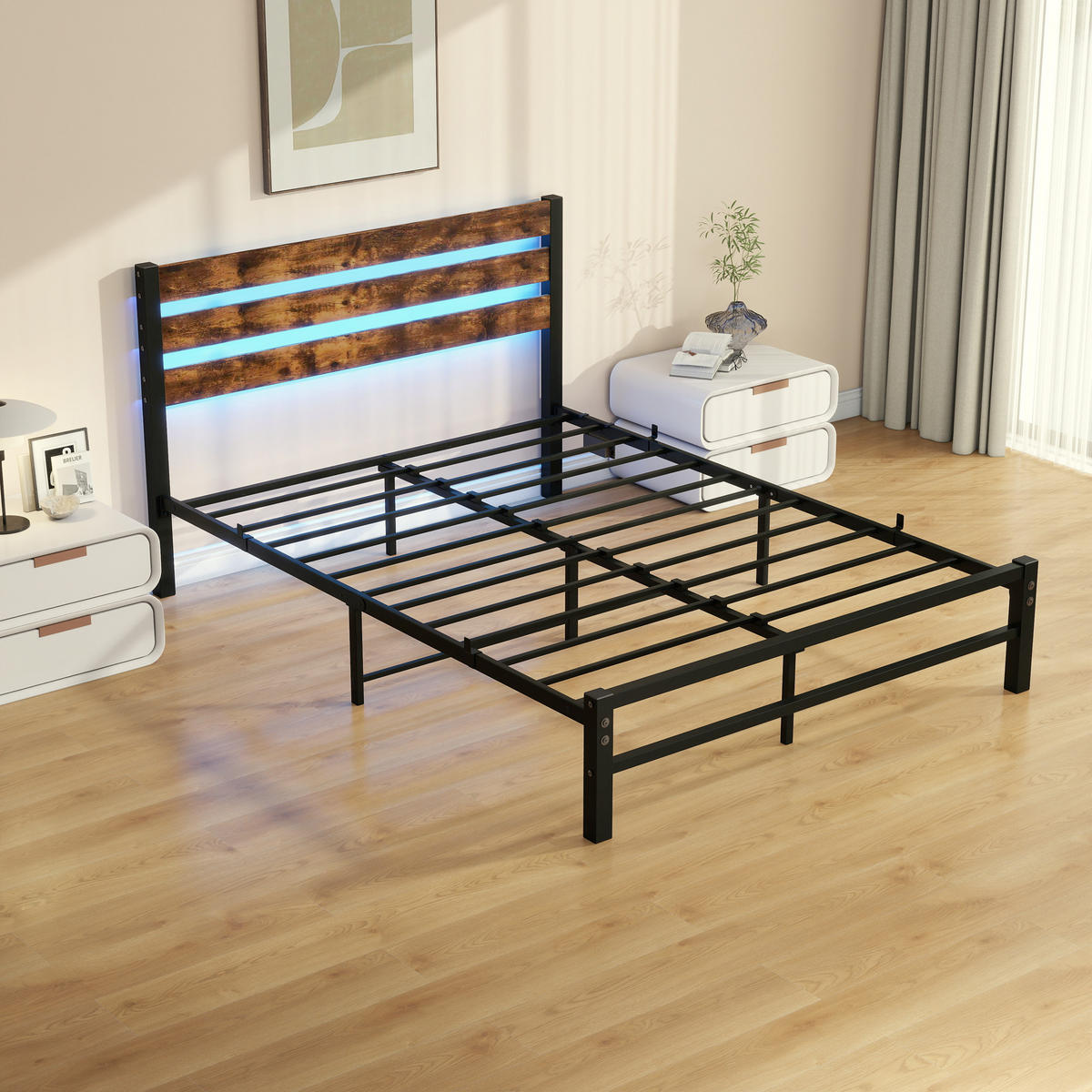 METALLBETT 140/200 cm Braun mit USB-Ladestation und LED-Bettrahmen - Braun, Metall (140/200cm) - Oxeza