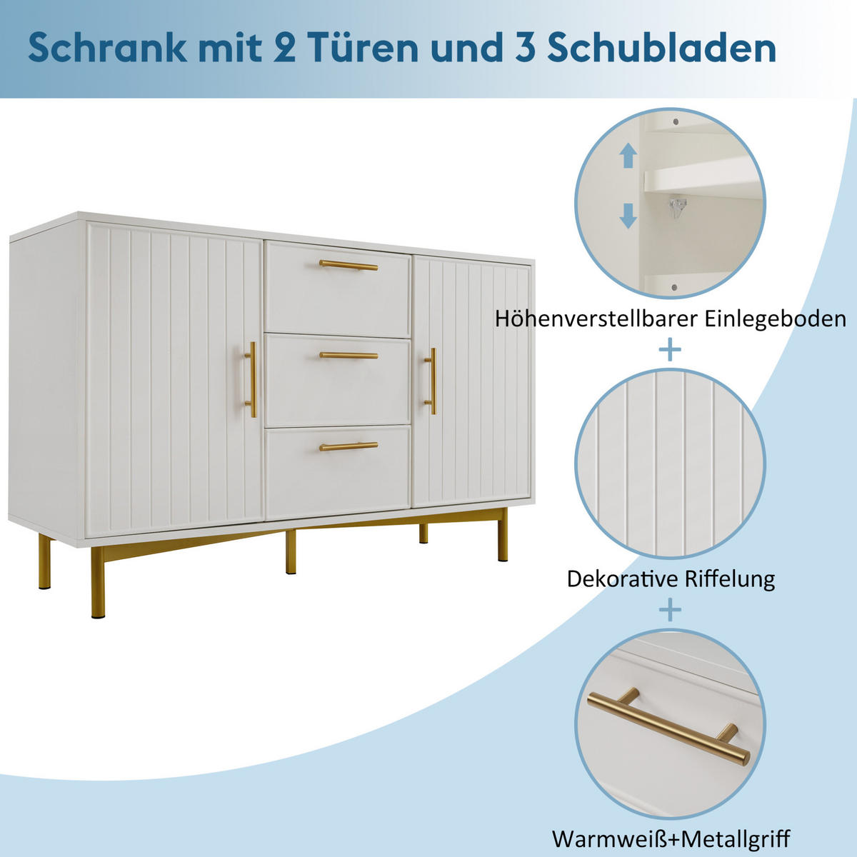 KOMMODE 120/40/75 cm mit 3 Schubladen, 2 Türen und Metallfüßen - Weiß, Holzwerkstoff (120/40/75cm) - BEAOK