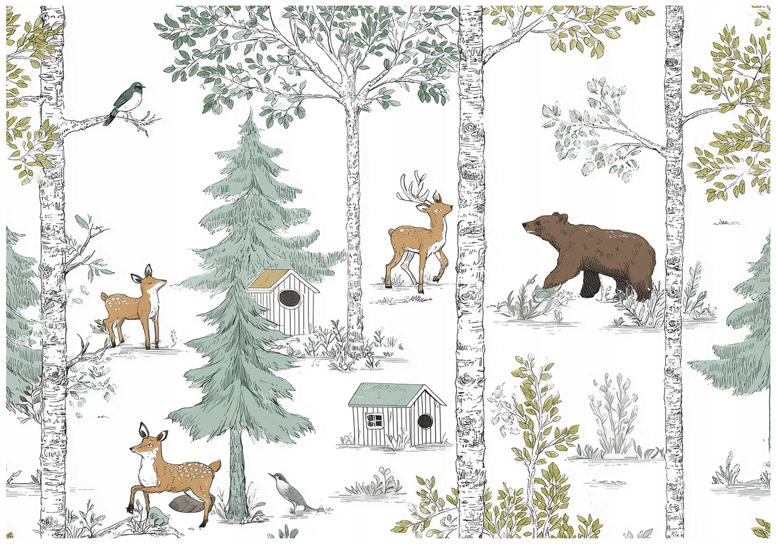 FOTOTAPETE Wald Tiere Grün 150x105 cm - Multicolor, Papier (150/105cm) - Wallarena