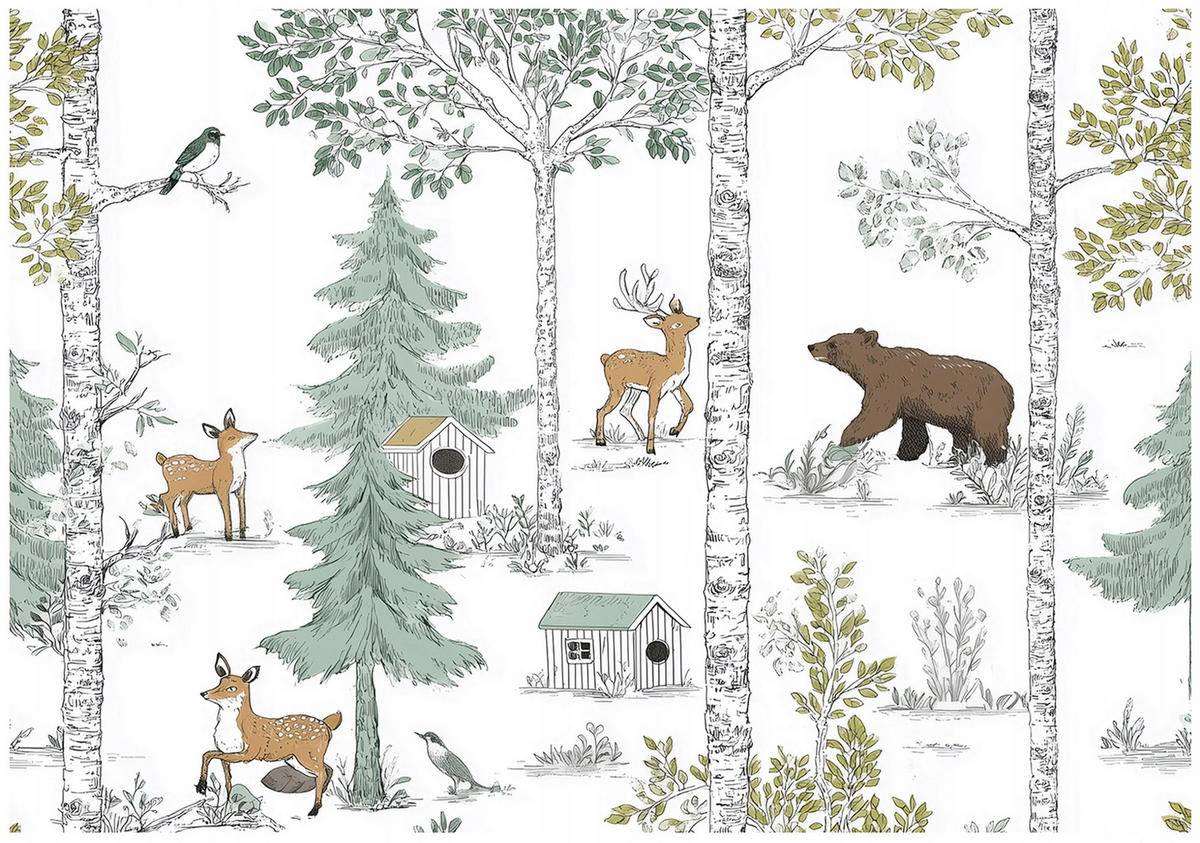 FOTOTAPETE Wald Tiere Grün 150x105 cm - Multicolor, Papier (150/105cm) - Wallarena