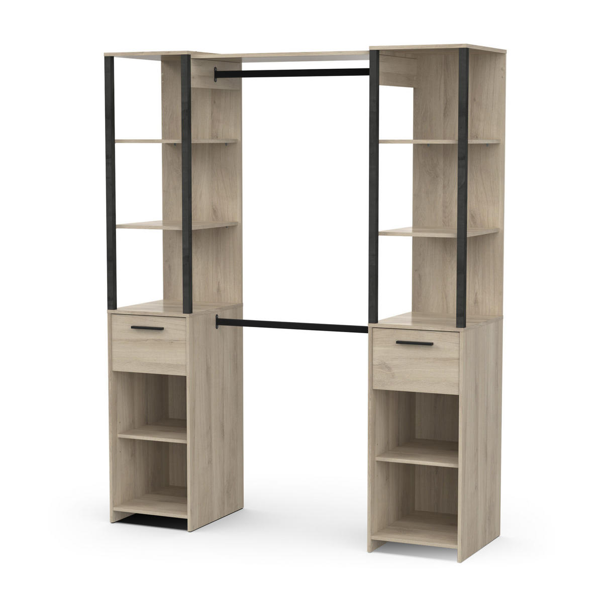 ANKLEIDESYSTEM 2 Säulen, Kleiderstange - GARY - Eiche und Schwarz - 159,8 x 200,3 x 49,5 cm - Beige, Holz (160/200/49cm) - Demeyere
