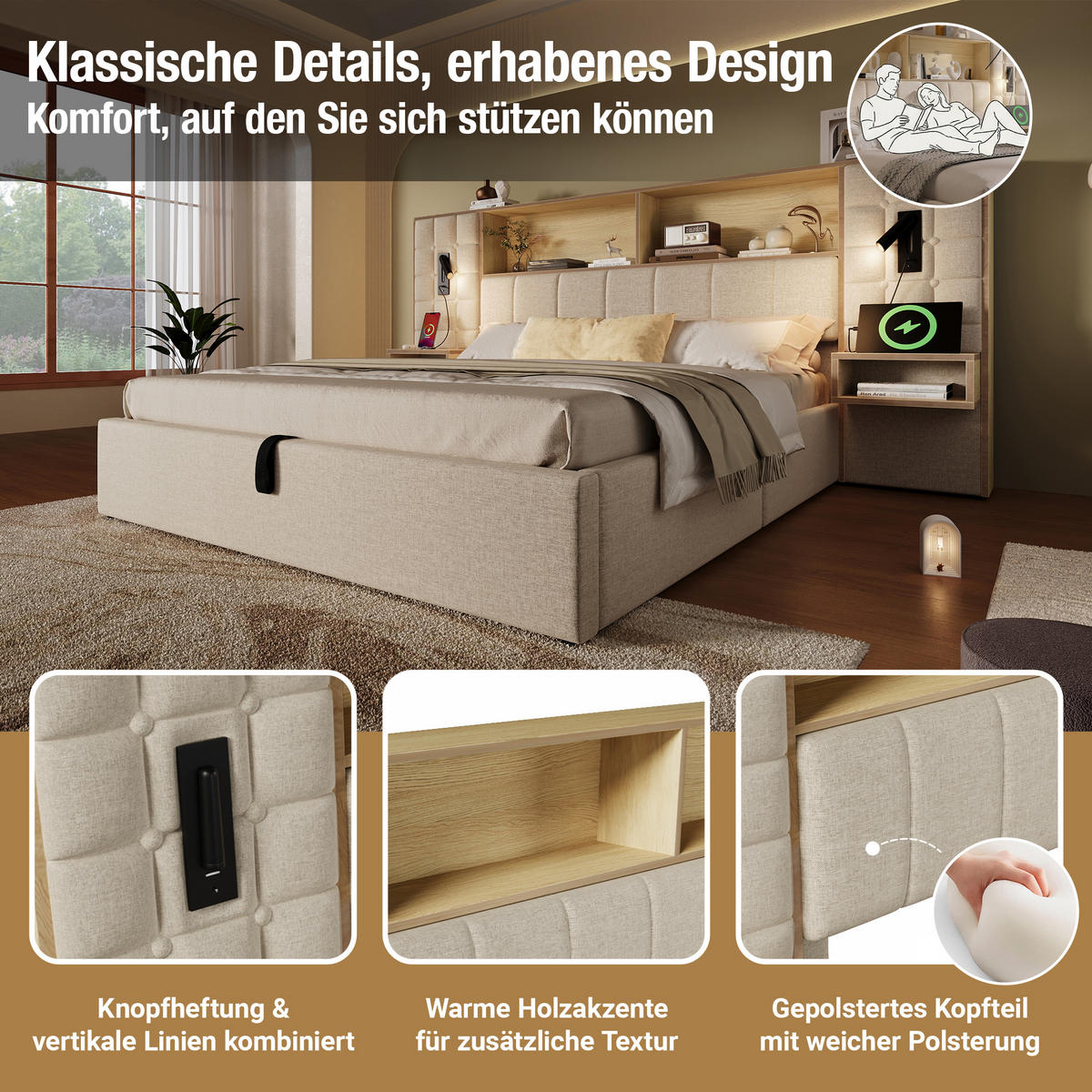 BETT 180/200 cm in Beige mit Bettkasten, LED, Leselampen, USB, Type-C und Nachttischen - Beige, Holzwerkstoff/Textil (180/200cm) - WISHDOR