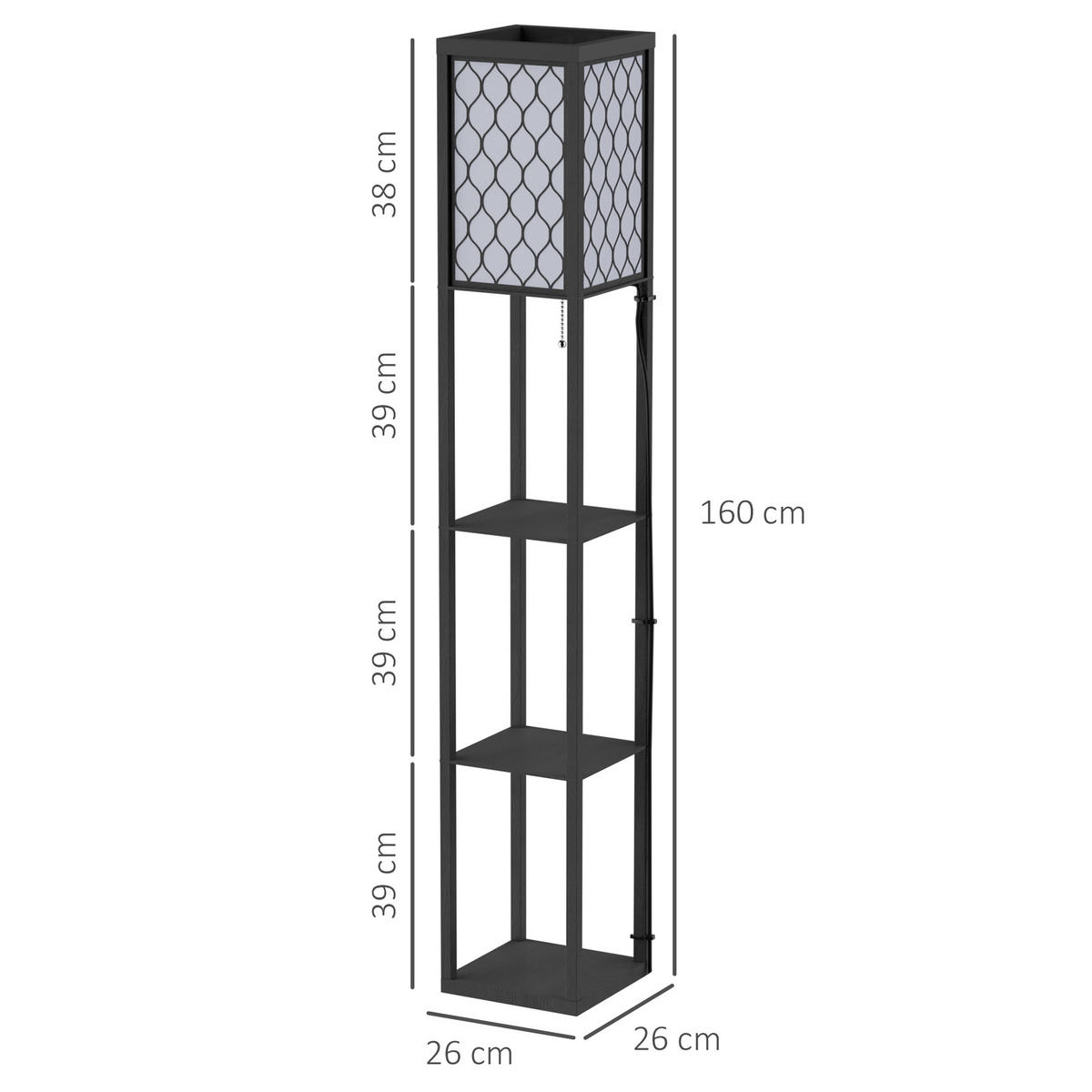 STEHLEUCHTE Beleuchtung mit 3 Regalen E27 bis 40W für Wohn-/Schlafzimmer Holz - Schwarz, Glas (26/26/160cm) - HOMCOM