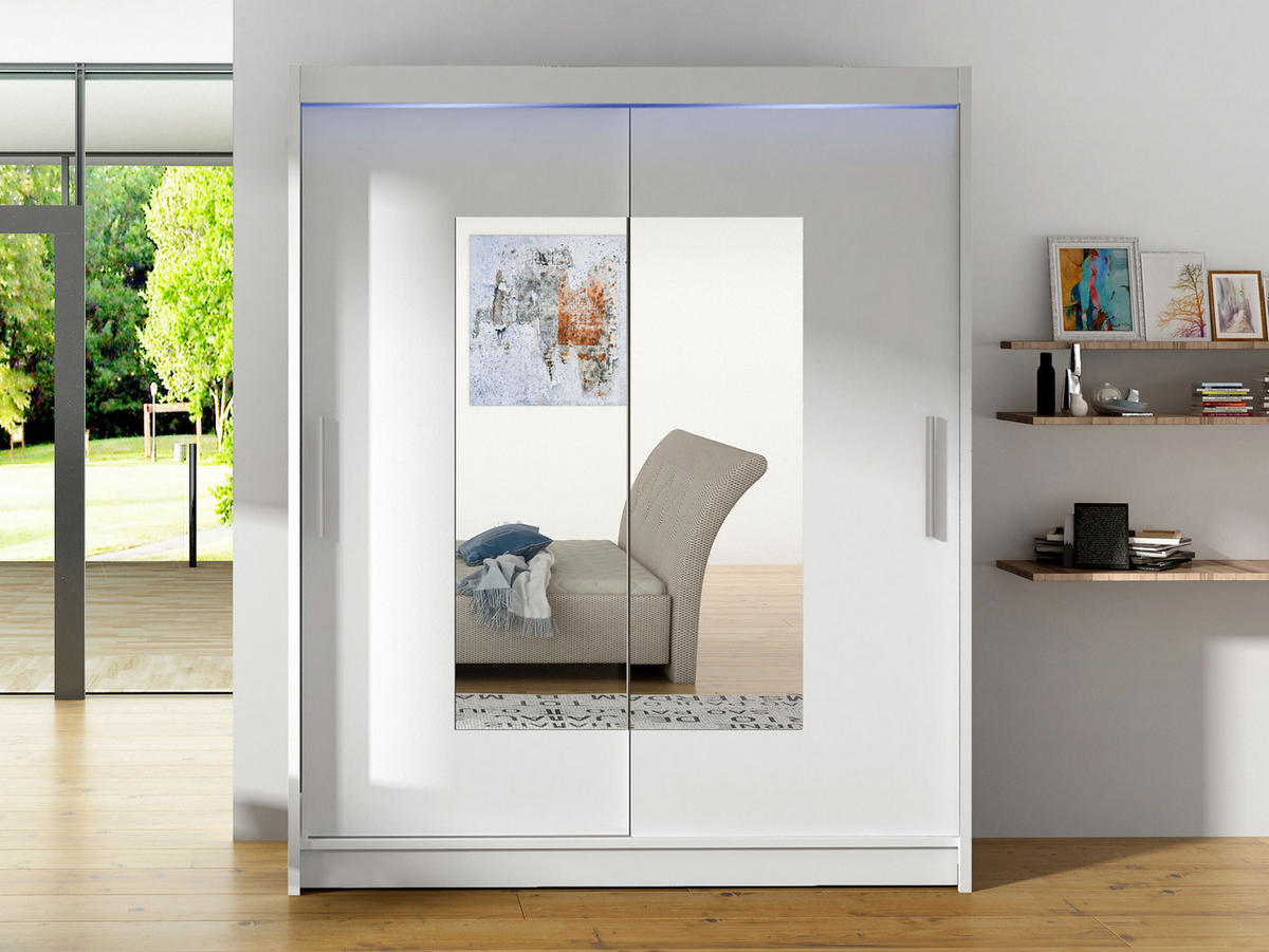 SCHWEBETÜRENSCHRANK Westa III, mit RGB LED Beleuchtung - Silberfarben/Weiß, Holzwerkstoff/Metall (150/200/58cm) - MIRJAN24
