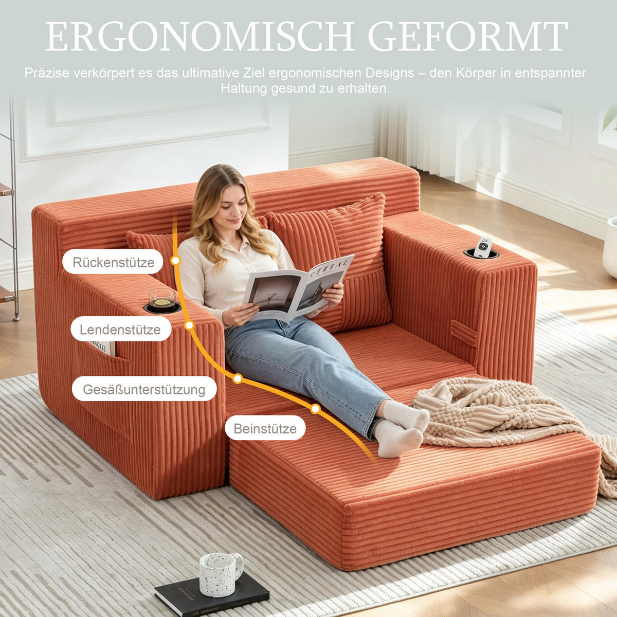 1,5-SITZER ausklappbar, Getränkehalter/Seitentasche, Cord, Orange - Orange, Textil (133/64/87cm) - LVHOM