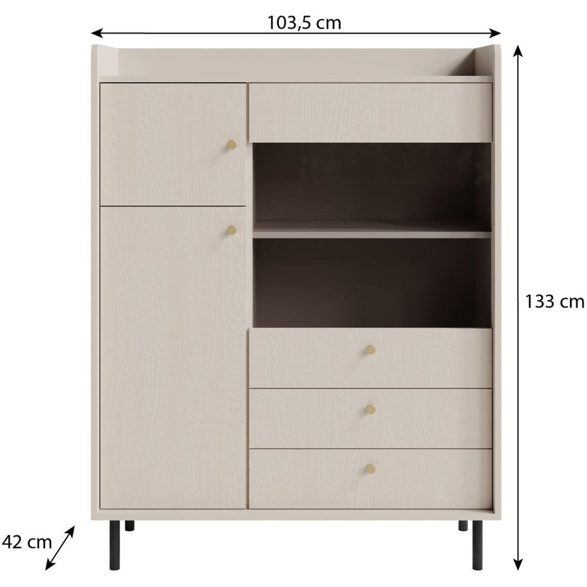 VITRINE Gloria mit 2 Schubalden und 3 Türen - Beige/Schwarz, Holzwerkstoff/Metall (103/133/42cm) - Beautysofa