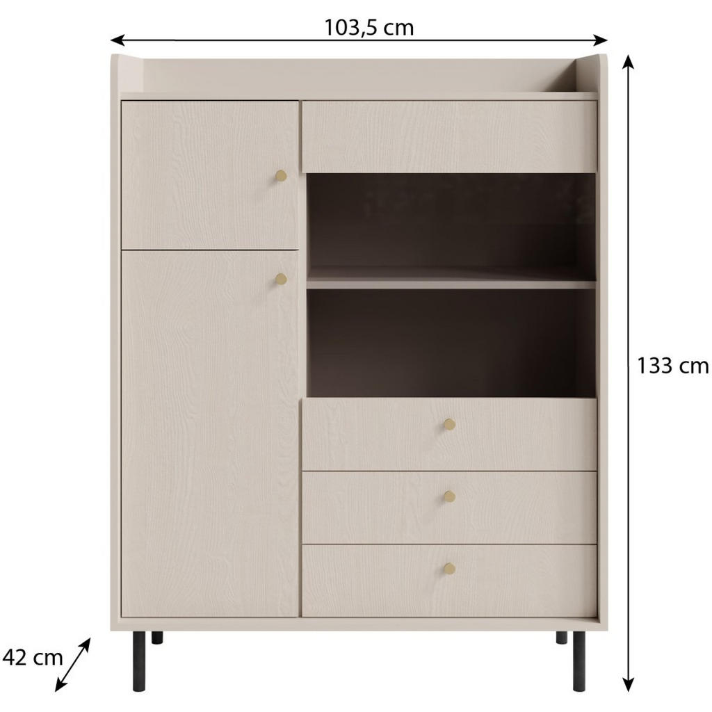Thumbnail - Beautysofa Vitrine, Beige, Holzwerkstoff, 2 Schubladen, 103x133x42 cm, Wohnzimmer, Wohnwände, Vitrinenschränke