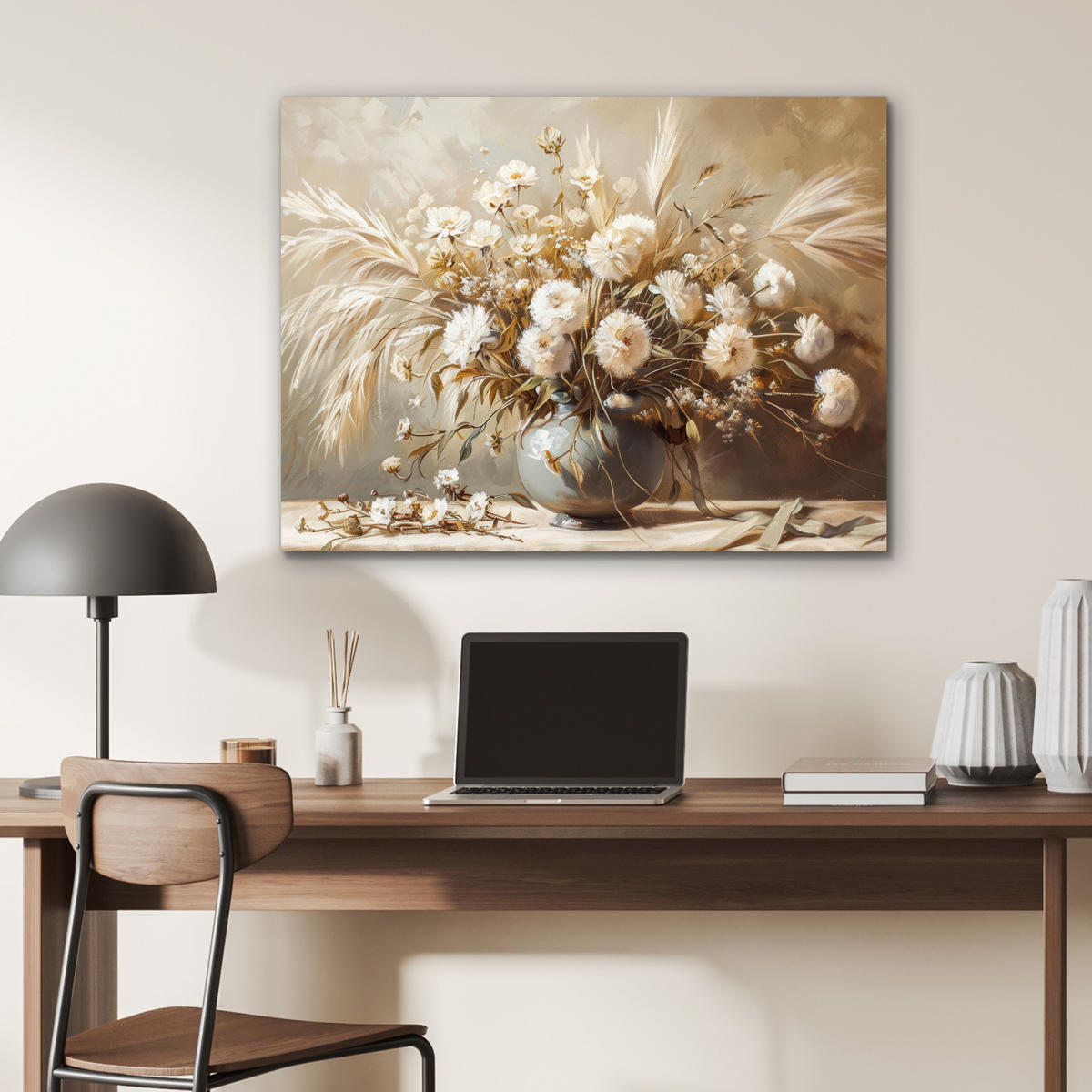 KOVOVÝ OBRAZ Kvety - Váza - Zátišie - Béžová 80x60 cm - krémová, kov (80/60cm) - MuchoWow