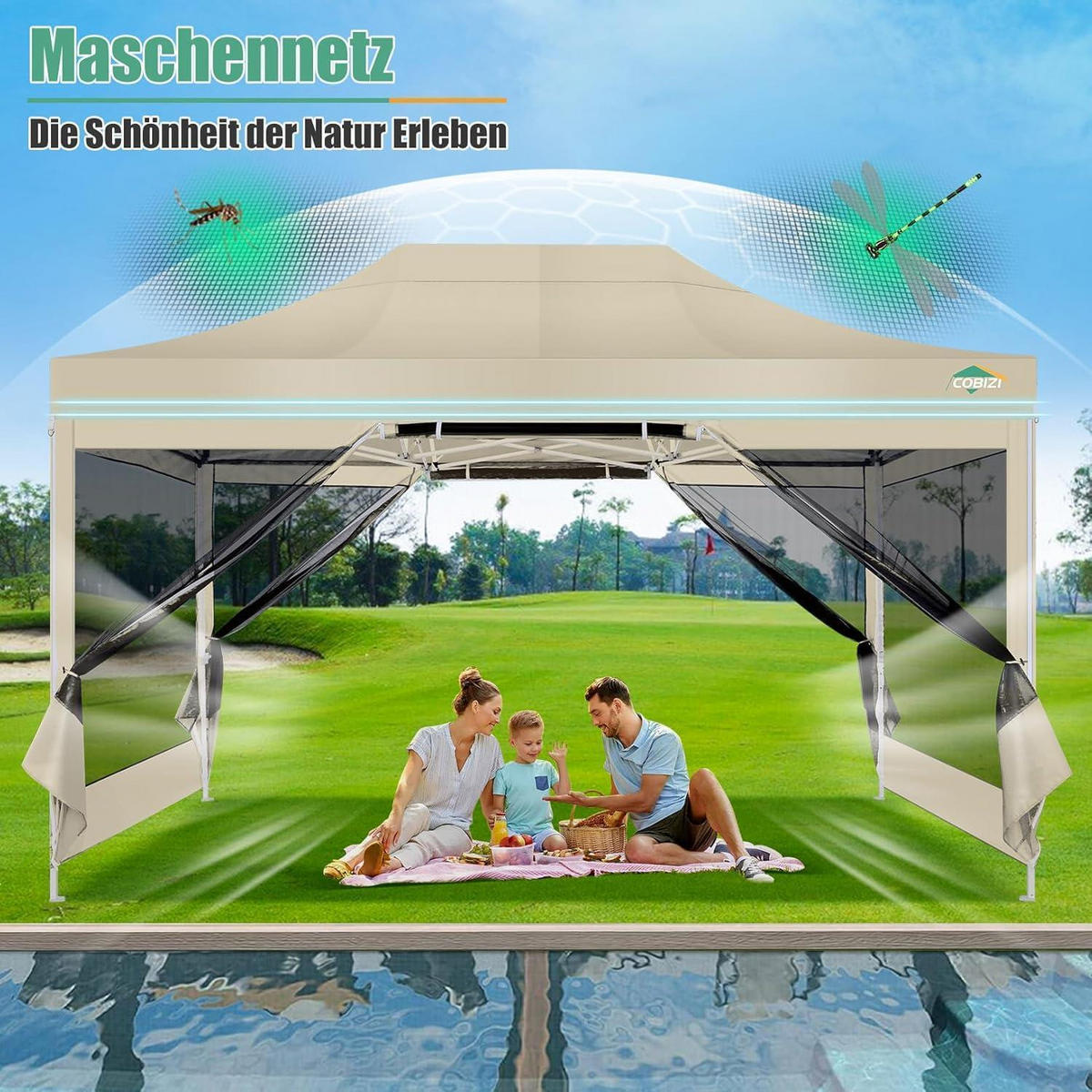 FALTPAVILLON 3 x 4,5 m mit Moskitonetz Khaki - Olivgrün, Textil (300/238/450cm)