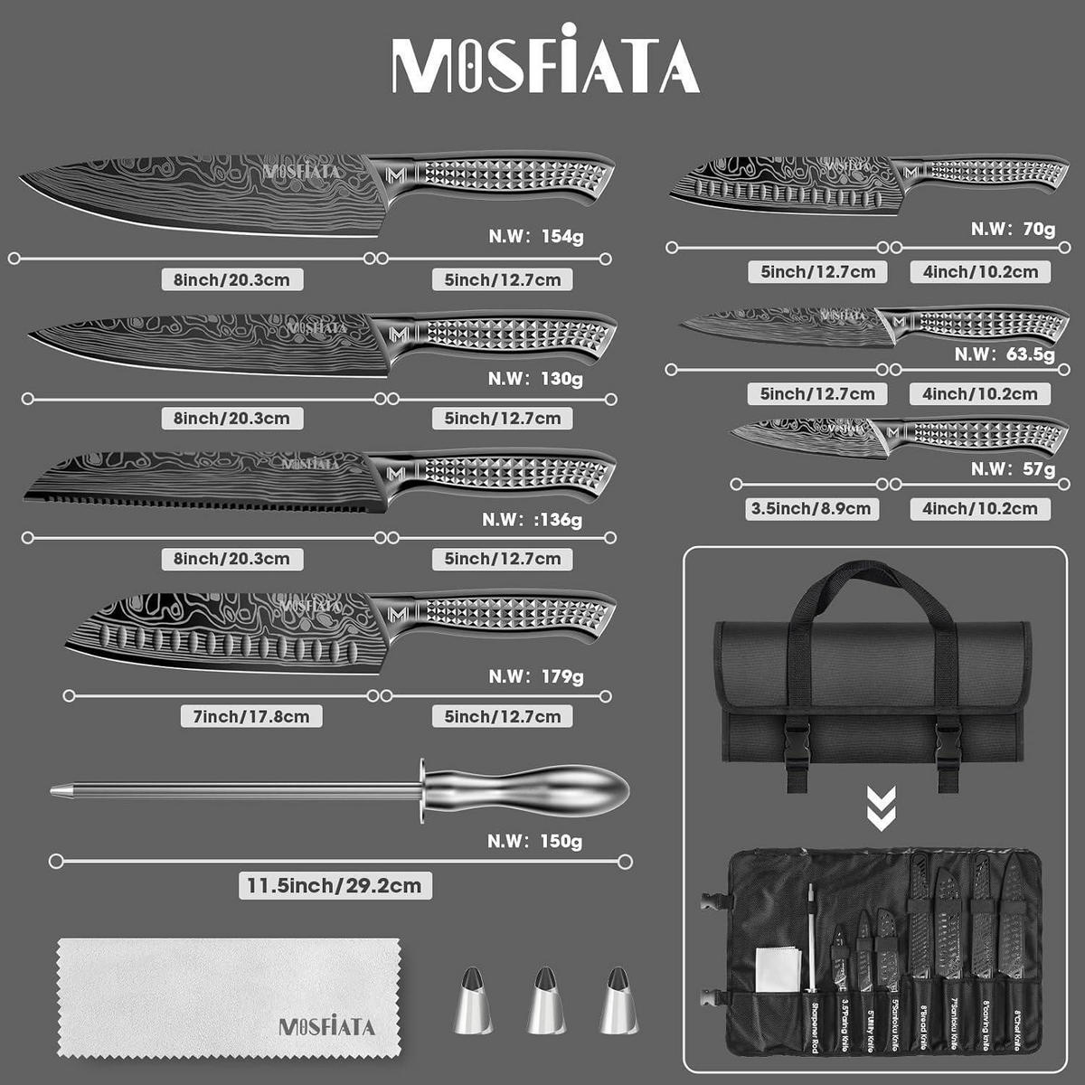 KÜCHENMESSERSET 12-teiliges Set Edelstahl mit Tasche & Wetzstahl - Grau, Metall