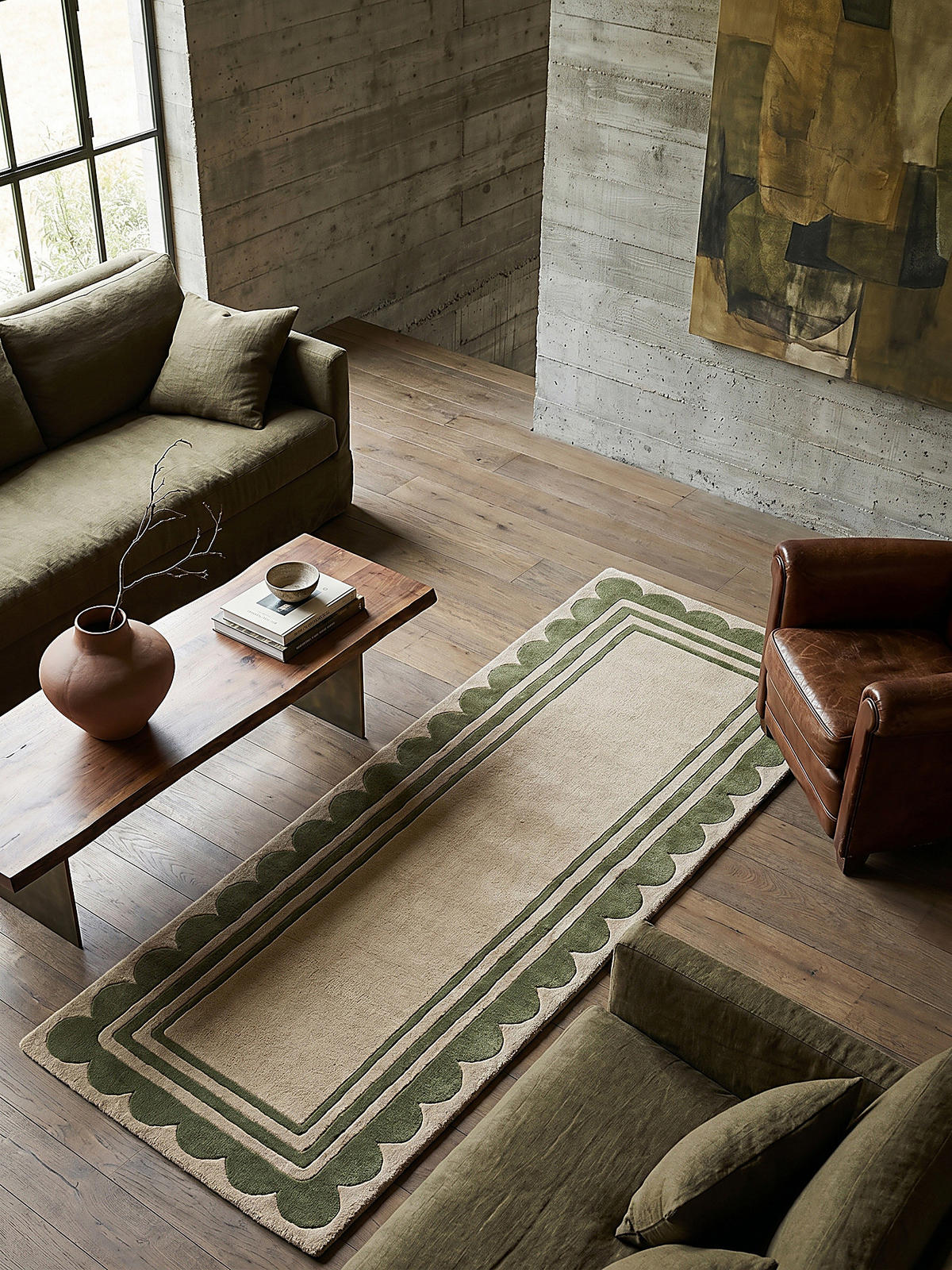 WOLLTEPPICH WENSUM, mit grafischem Muster mit Rahmen, Grün-Beige, 80 x 230 cm - Grün, Textil (80/230cm) - KADIMA DESIGN