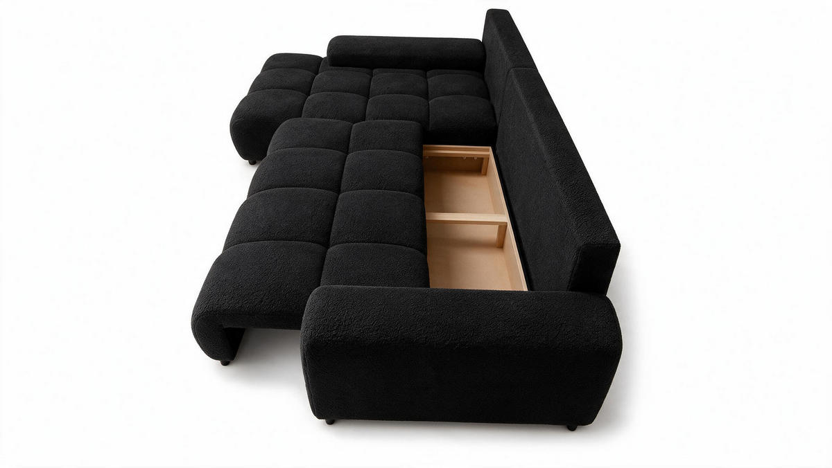 ECKSOFA Ovia mit Bettkasten und Schlaffunktion, Bouclé-Stoff in L-Form - Schwarz, Textil (270/185cm)