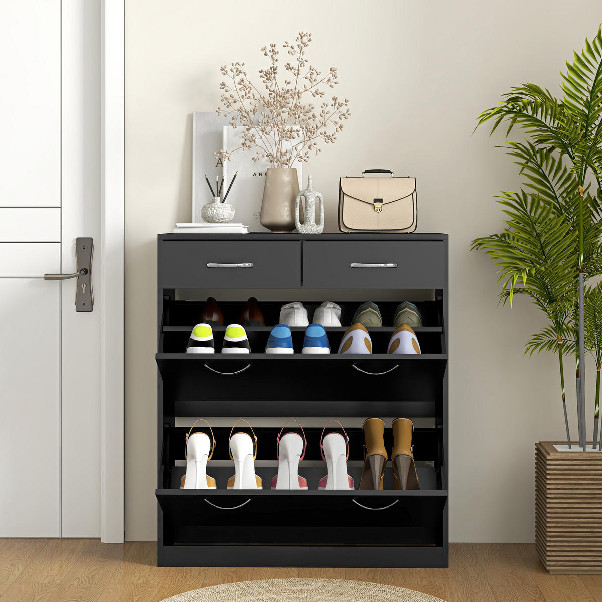 SCHUHSCHRANK Schwarz Holzwerkstoff mit Fächern und Schubladen 1 Stück - Schwarz, Holzwerkstoff (80/91.5/30cm) - PANGIVO