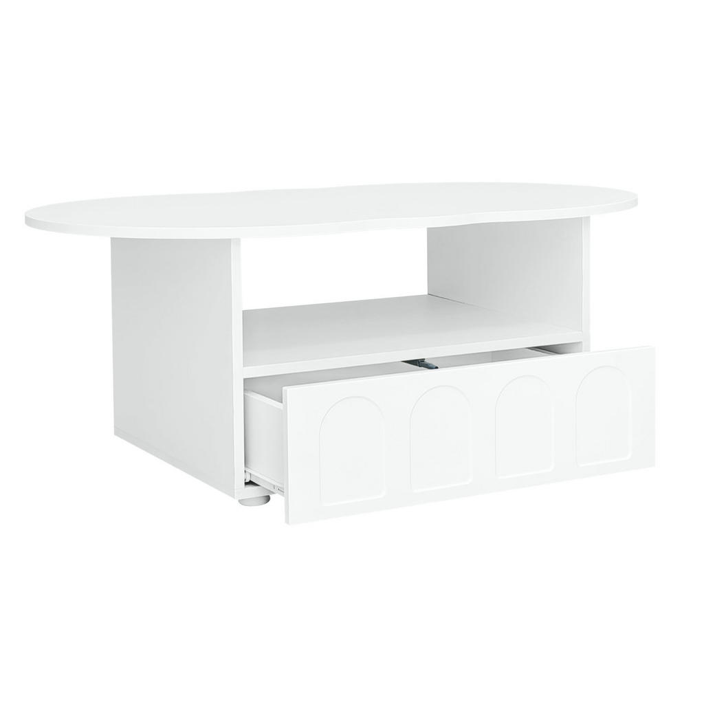 Modfu KONFERENČNÍ stolek z dřevotřísky 100x40,5x60 cm bílý se zásuvkou, otevřenou policí a deskou ve tvaru oblaku