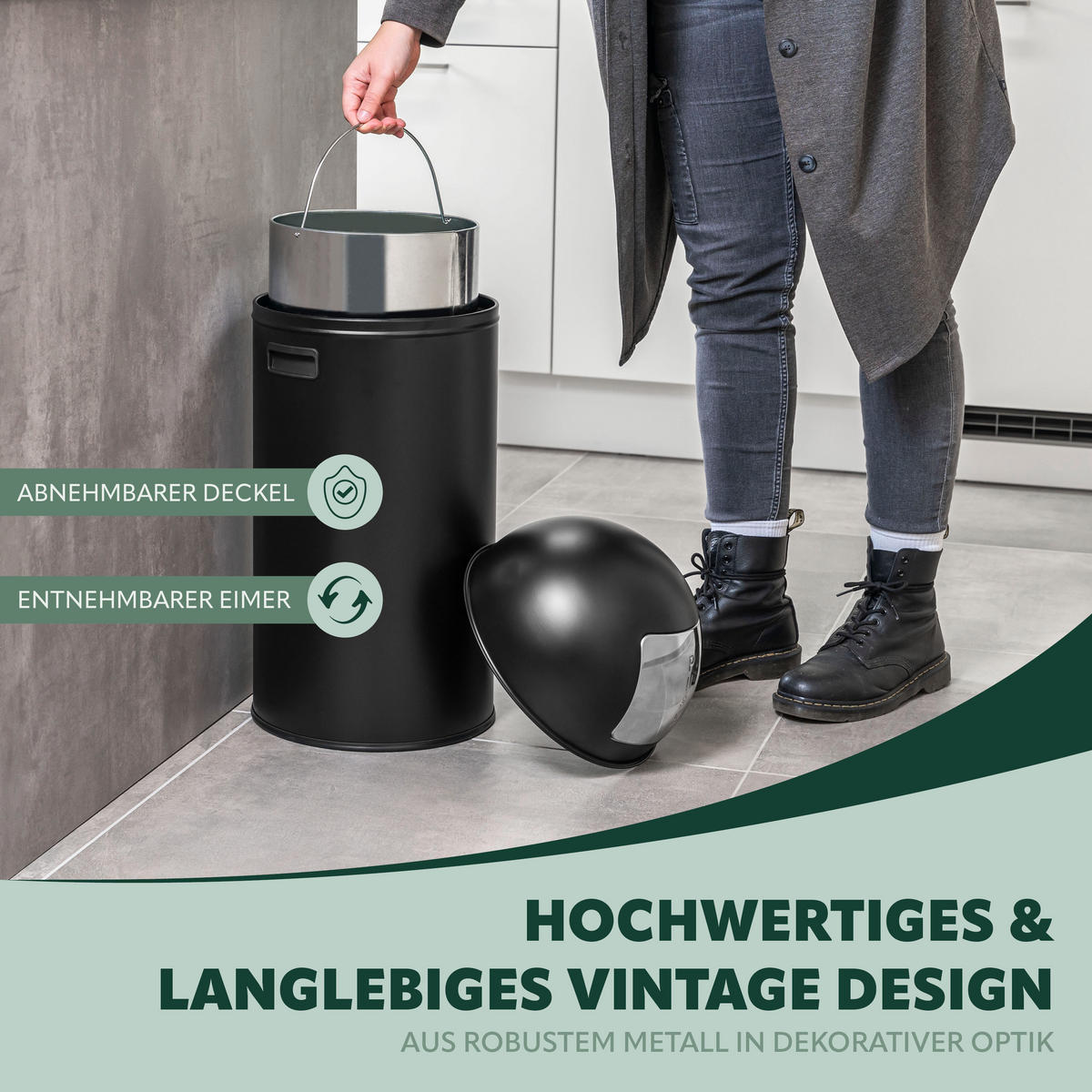 ABFALLEIMER Push-Deckel 35 L, schwarz - Schwarz, Metall (30.5/66.5/30.5cm) - eluno