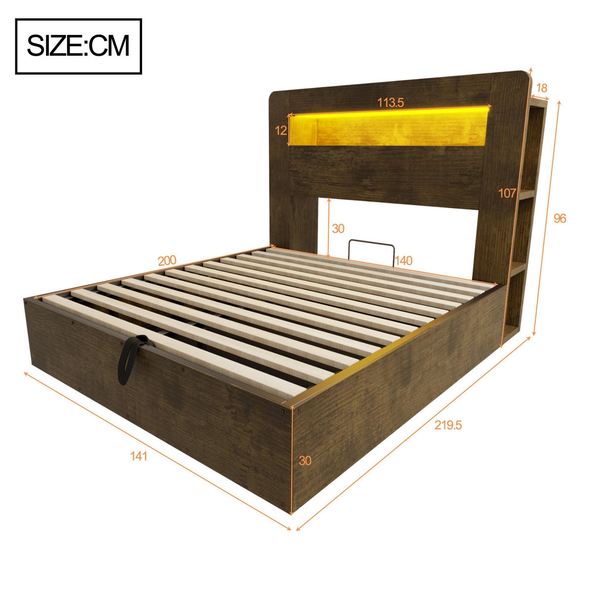 BETT 140/200 cm in Vintage-Holz mit Stauraum, LED und Steckdosen - Nussbaumfarben, Holz/Holzwerkstoff (140/200cm) - WISHDOR