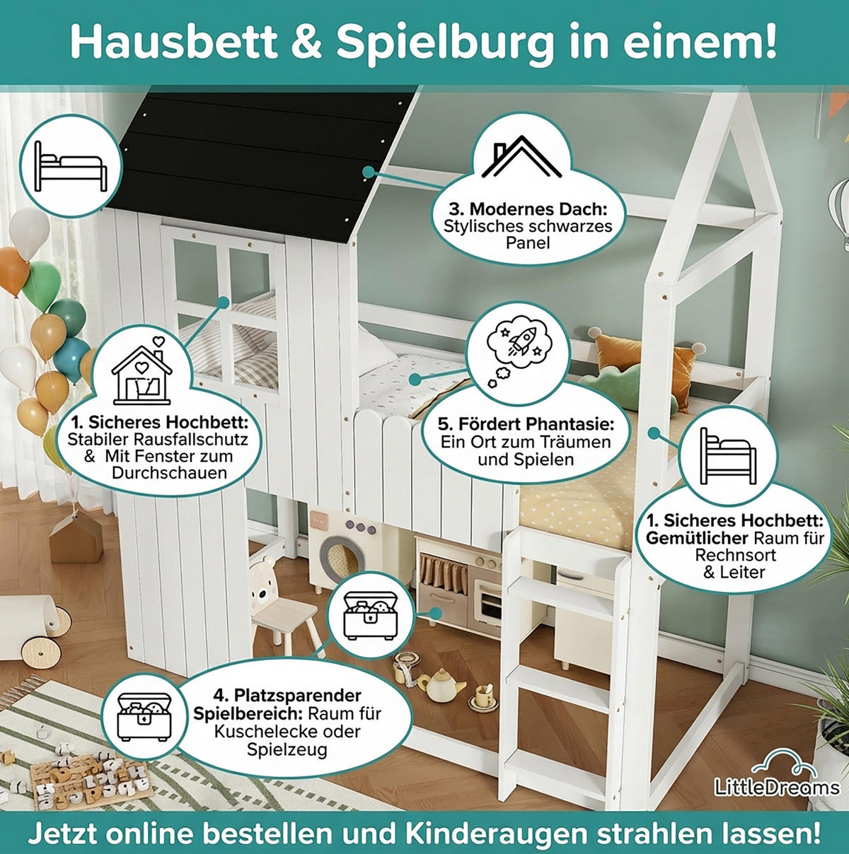 HOCHBETT 90/200 cm Weiß Schwarz mit Treppe und Fenstern ohne Matratze - Weiß, Holz (90/200cm) - MIVRAY