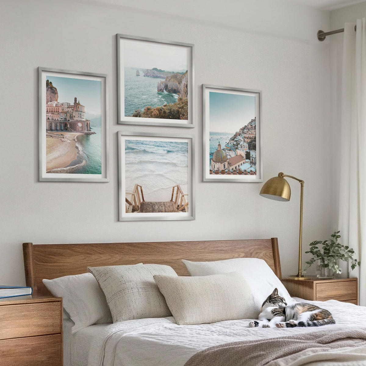 WANDBILDER 4er Set - 50x50 cm & 40x60 cm Silberner Rahmen - Sommerliche Strandansichten in Pastellfarben - Silberfarben, Kunststoff (50/50cm) - ArtPrintCave