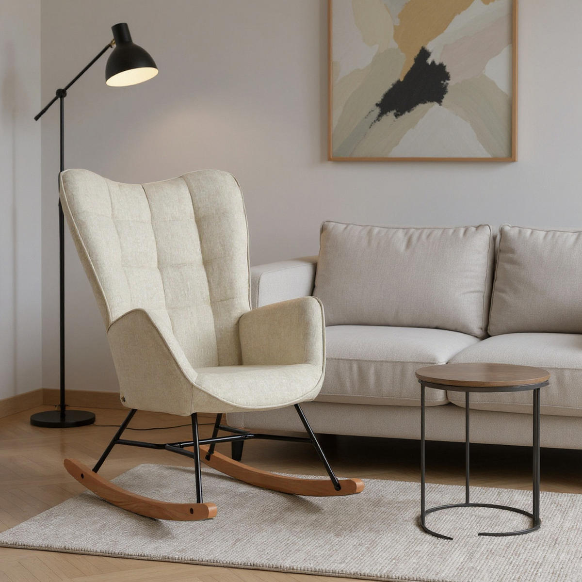 2ER Set Schaukelstuhl Massivholz, Beige - Beige, Textil (66/98/84cm) - Meubles Cosy