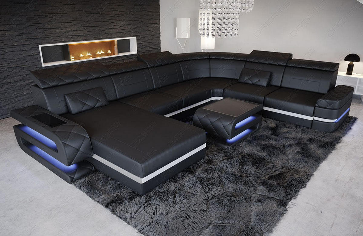 WOHNLANDSCHAFT Bologna Schwarz Weiß Büffelleder - Schwarz, Leder (397/89/299cm)