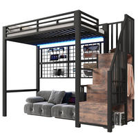 HOCHBETT 90/200 cm mit Stauraumleiter, Kleiderschrank, Hängegitter und 7-Farben-LED, Schwarz - Schwarz, Metall (90/200cm) - Redom