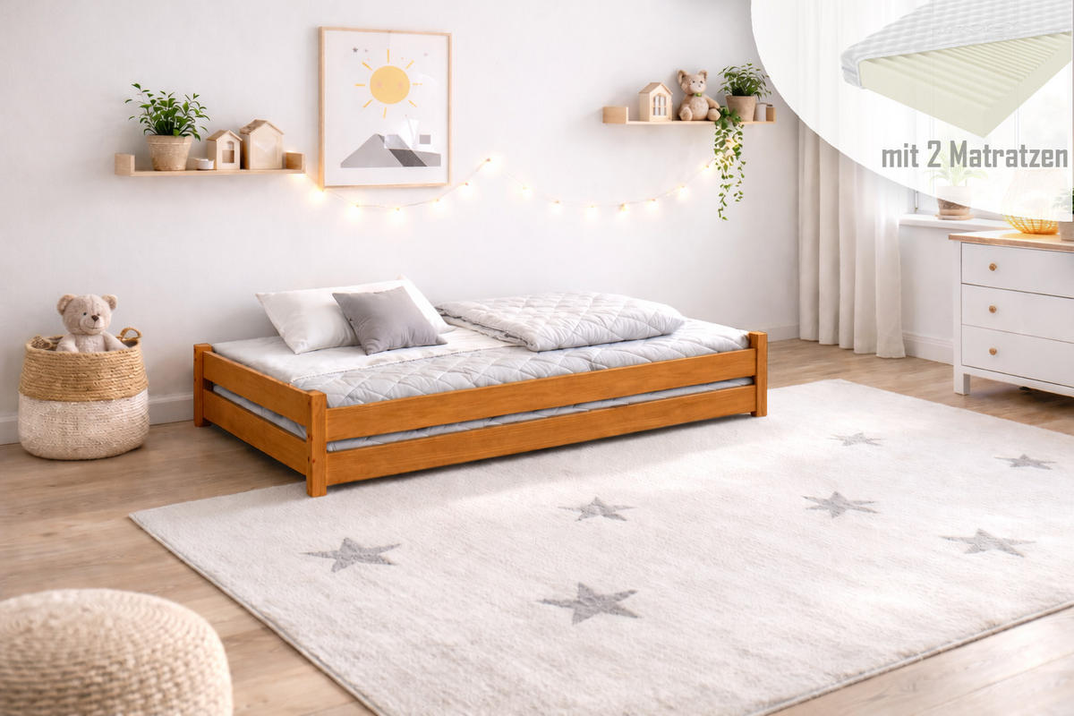 STAPELBETTEN 2-er Set Sendi 200x90 teak mit Matratzen - Braun, Holzwerkstoff - LUKDOM
