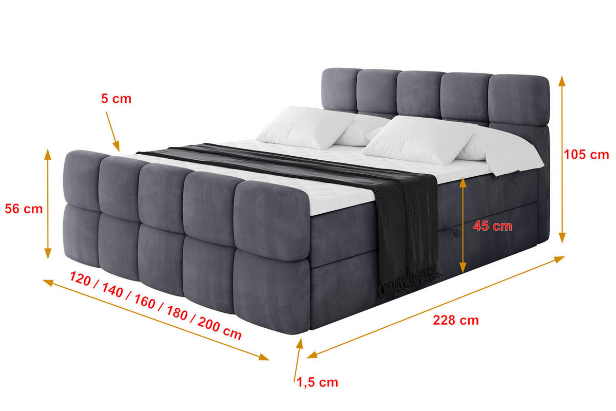 BOXBETT mit Matratze H3 - FAMA-Z - 200x200 cm Dunkelgrau Casablanca - Dunkelgrau, Holzwerkstoff (200/200cm) - ALTDECOR