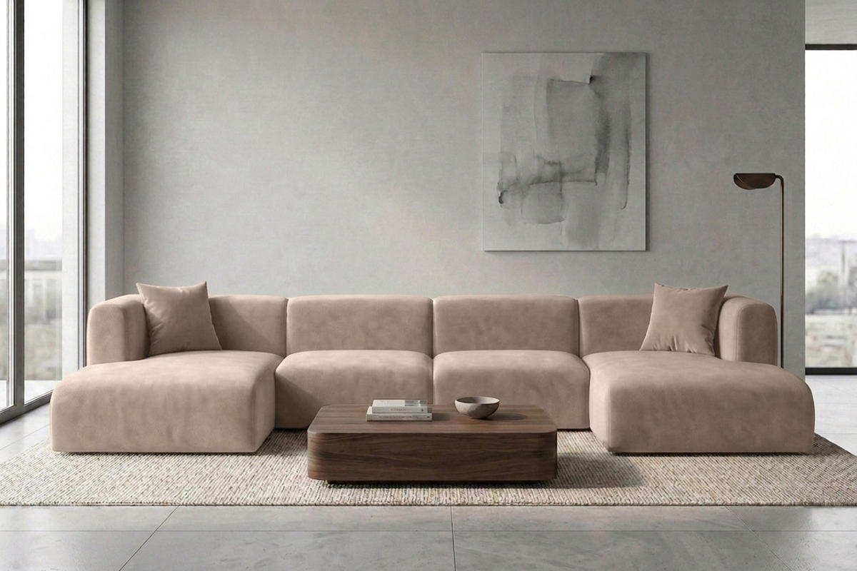 ECKSOFA U-Form, Velvet-Stoff Bluvel, Latte, GRETA - Hellbraun, Holz (408/70/179cm) - Kaiser Möbel