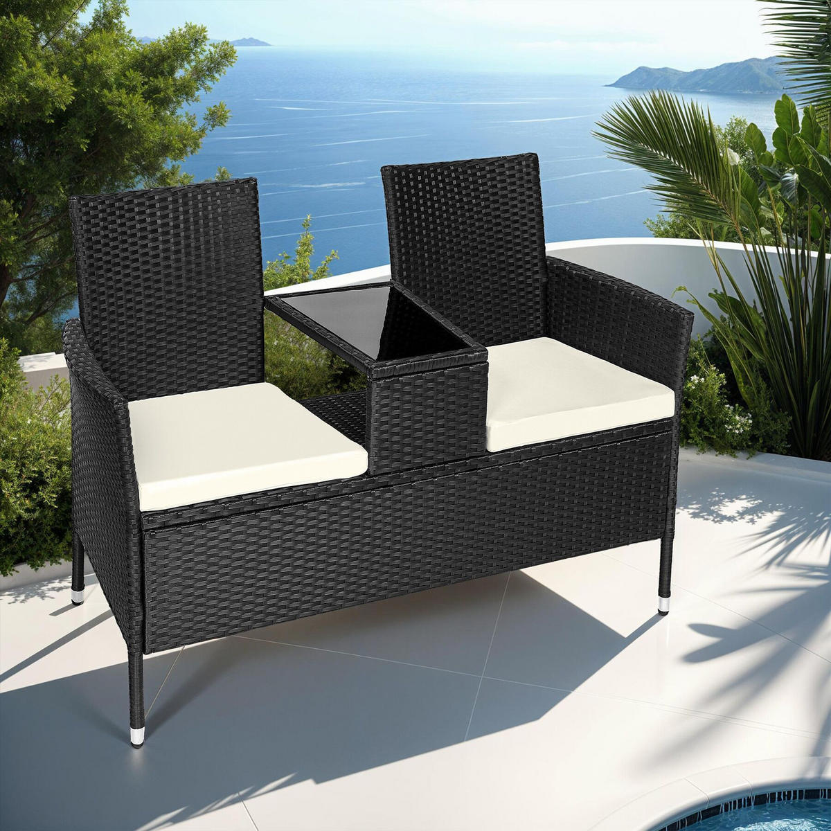 RATTAN GARTENSITZBANK Narbonne,131 x 59 x 82 cm,schwarz/beige - Beige/Schwarz, Kunststoff (61/82/131cm) - tectake