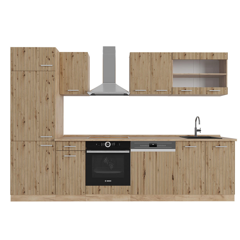 KÜCHENZEILE R-Line Artisan-Eiche/Goldkraft Eiche 300 cm ohne AP - Eiche Wotan/Eiche Artisan, Holzwerkstoff (300/81.6/46cm) - Vicco