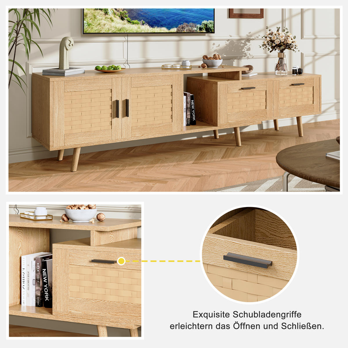 TV-LOWBOARD ausziehbar 146–180 cm, Eiche-Optik mit Rattan-Fronten & Stauraum - Braun, Holzwerkstoff (29.8/44/169cm) - SHOPENTRA