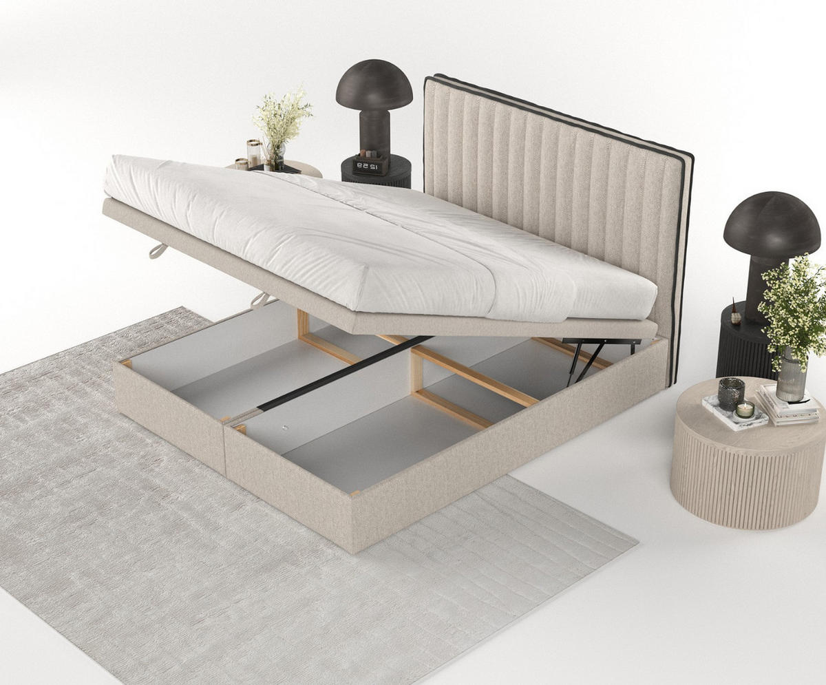 POLSTERBETT Keva mit Stauraum 200/200 cm Hellbeige im Megan Stoff - Sandfarben/Schwarz, Holz/Holzwerkstoff (200/200cm) - AltaBeds