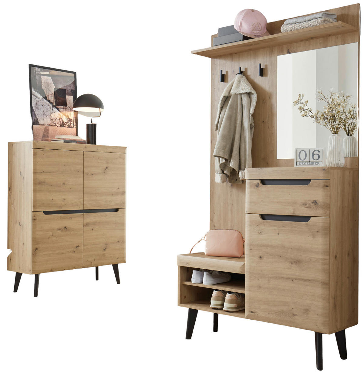 GARDEROBEN-SET 2-teilig Artisan Eiche, schwarz Garderobenkombination skandinavisch - Schwarz/Eiche Artisan, Holzwerkstoff/Metall (237/200/40cm) - Furn.Design