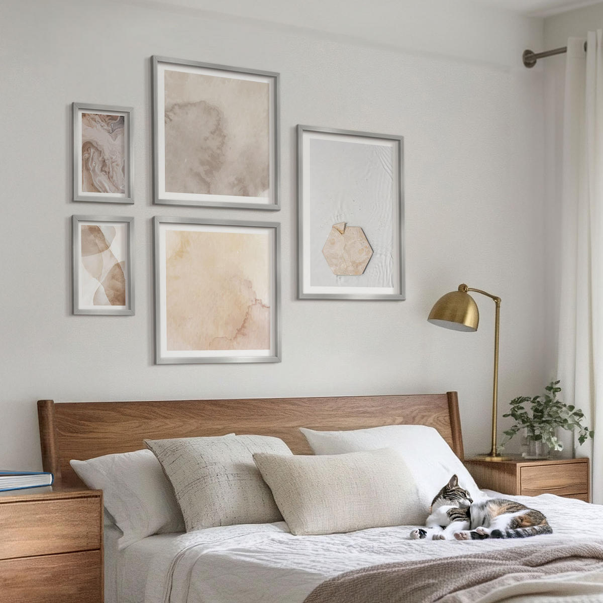 BILDER SET 5er Set - 50x50 cm & 20x30 cm & 40x60 cm Silberner Rahmen - Designabstraktion, Naturinspiration - Silberfarben, Kunststoff (40/60cm) - TULUP