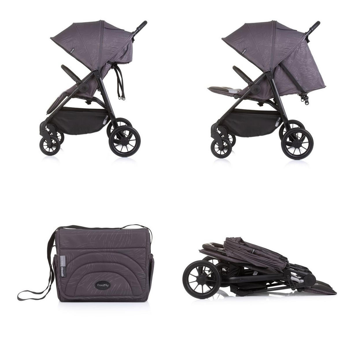 GESCHWISTERKINDERWAGEN Top Stars dunkelgrau 77 cm breit, Wickeltasche, Fußsack - Grau, Metall (79/77/110cm) - Chipolino