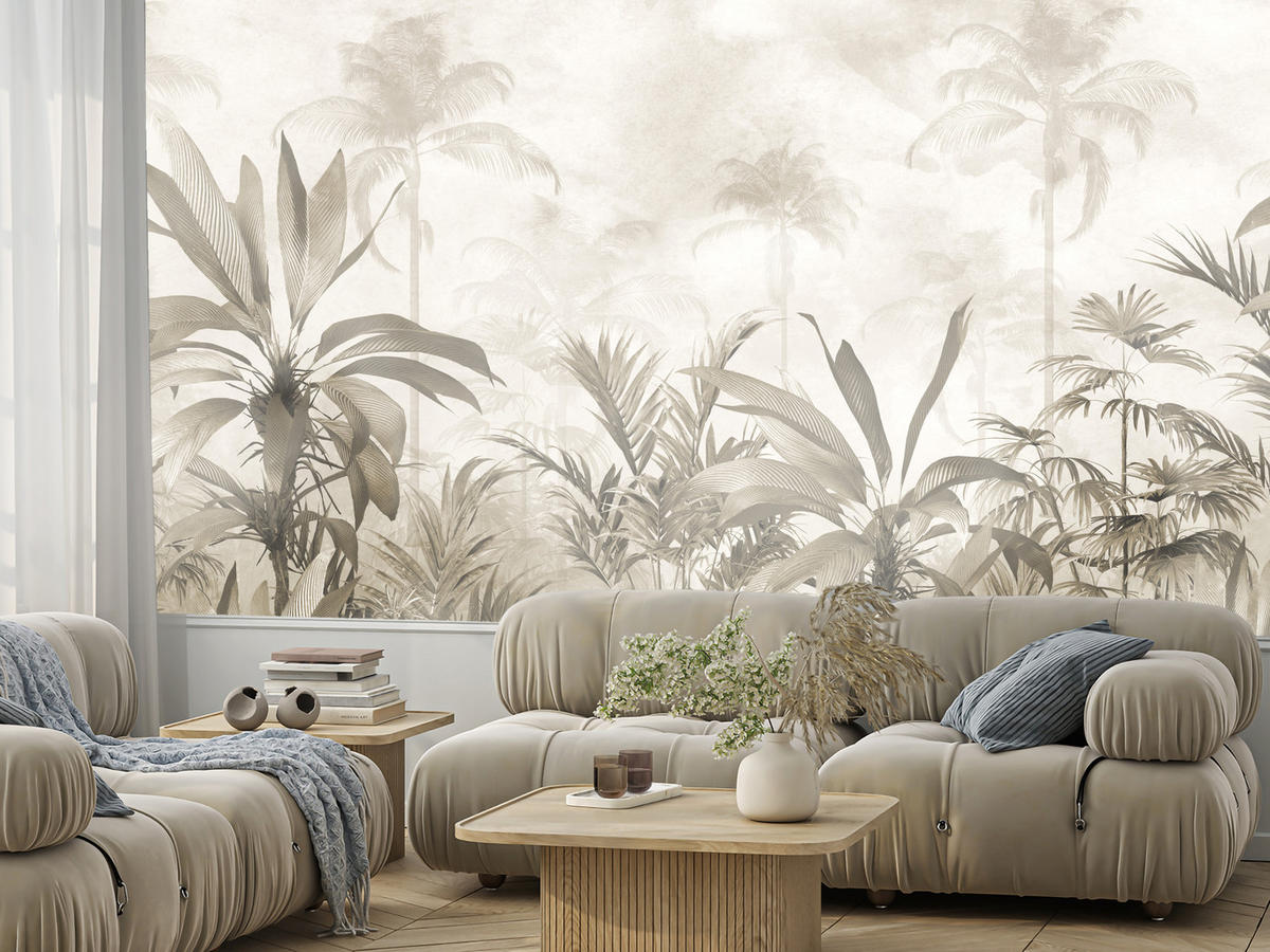 FOTOTAPETE für Wohnzimmer Vintage Tropischer Wald Palmen Blätter 200x140 - Beige/Grau, Papier (200/140cm) - Muralo