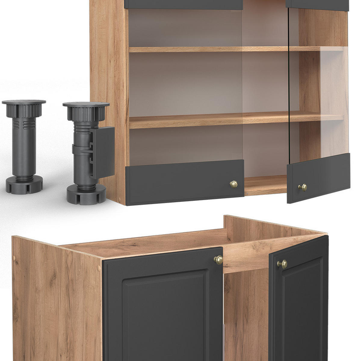 KÜCHENZEILE Fame-Line Anthrazit Landhaus/Goldkraft Eiche 240 cm ohne AP - Dunkelgrau/Eiche Wotan, Holzwerkstoff (240/81.6/46cm) - Vicco
