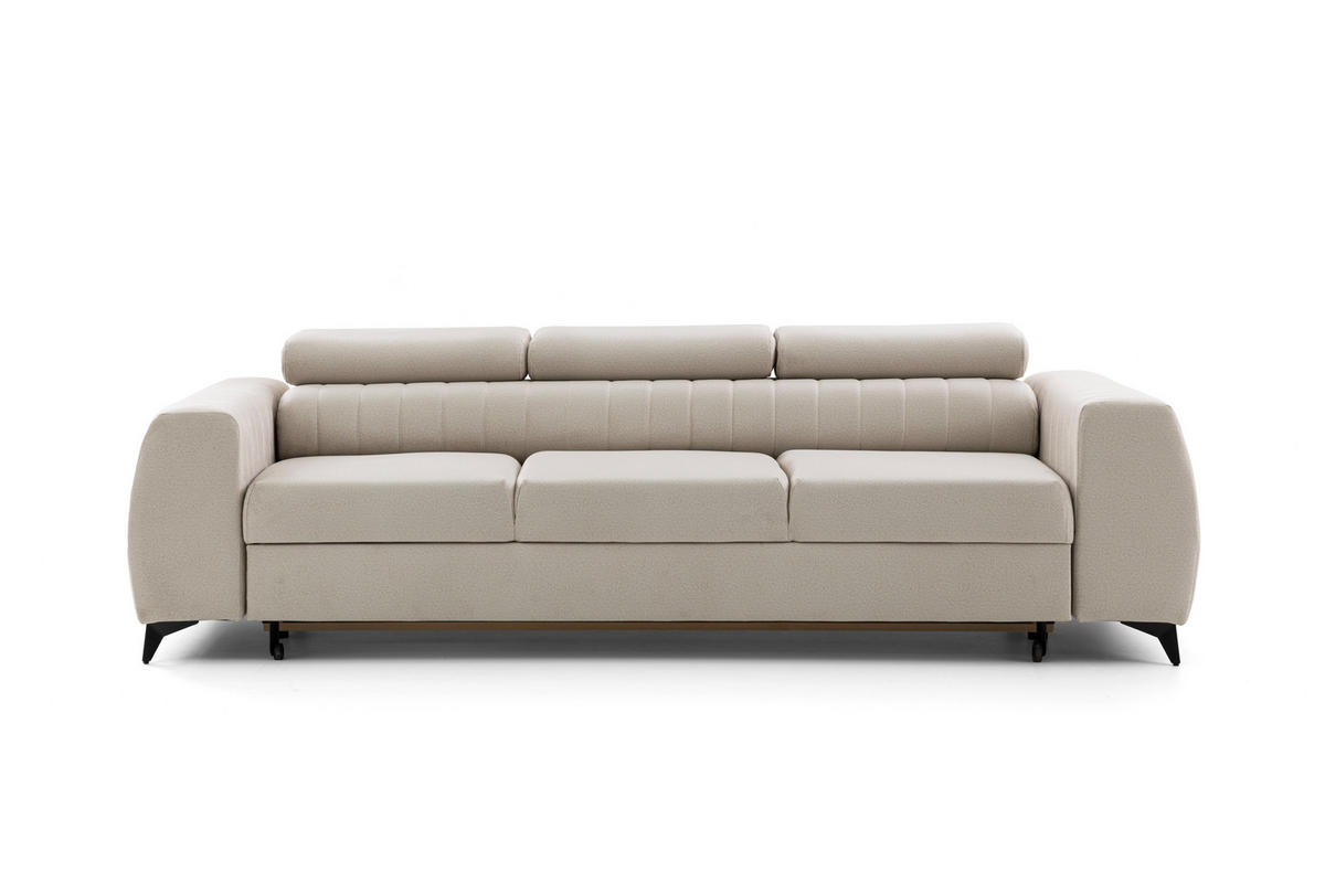 3-SITZER-SOFA PIERO mit Schlaffunktion 125x195 Velours Creme - Creme/Schwarz, Holz/Textil (260/90/100cm) - Muffo