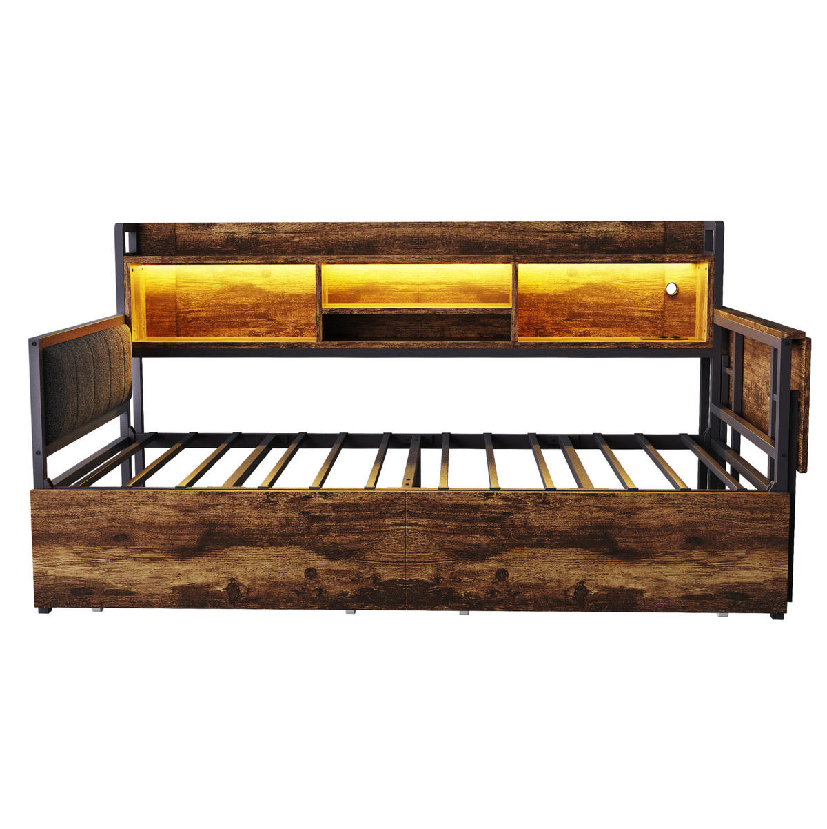 EINZELBETT 90/200 cm mit LED, Steckdose, Klappschreibtisch und 2 Schubladen, Metall, Weiß/ farbe - Naturfarben, Metall (90/200cm) - Redom
